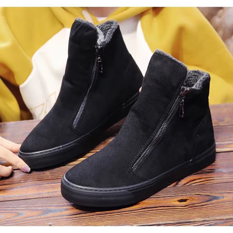 2025 Winter Snow Boots Women Winter Shoes Zip Warm Plush Cold Winter Fashion Flat Cotton Shoes Brand Ankle Botas Black D571