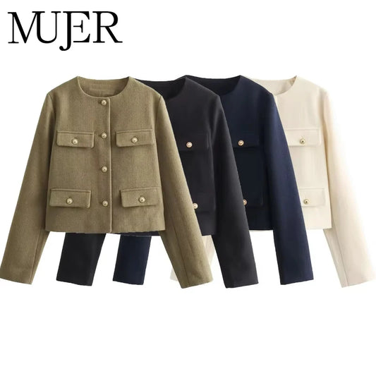 Tweed Cropped Jacket Woman Long Sleeve Vintage Jacket Woman Fashion Button Elegant Jackets for Women New in Short Coats