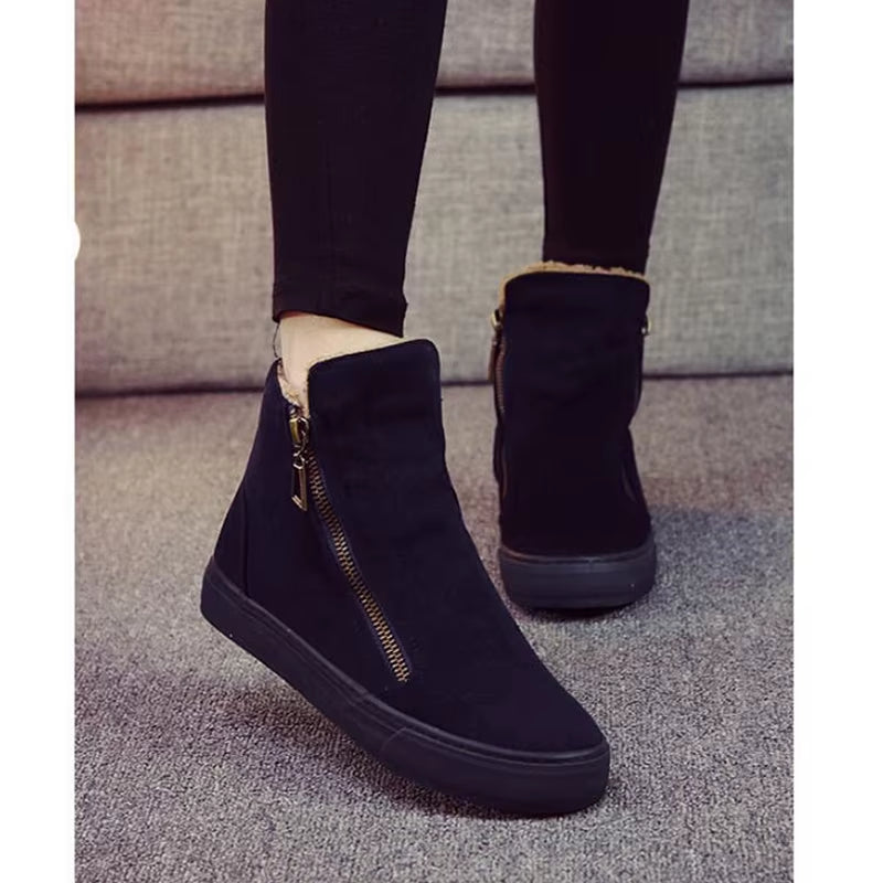 2025 Winter Snow Boots Women Winter Shoes Zip Warm Plush Cold Winter Fashion Flat Cotton Shoes Brand Ankle Botas Black D571