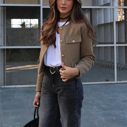 Tweed Cropped Jacket Woman Long Sleeve Vintage Jacket Woman Fashion Button Elegant Jackets for Women New in Short Coats